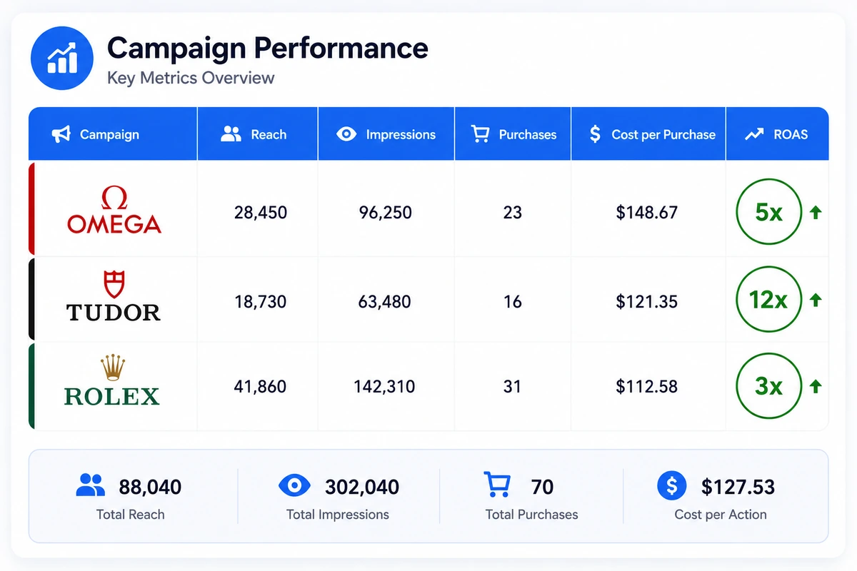 Campaign performance table by brand: Omega, Tudor and Rolex