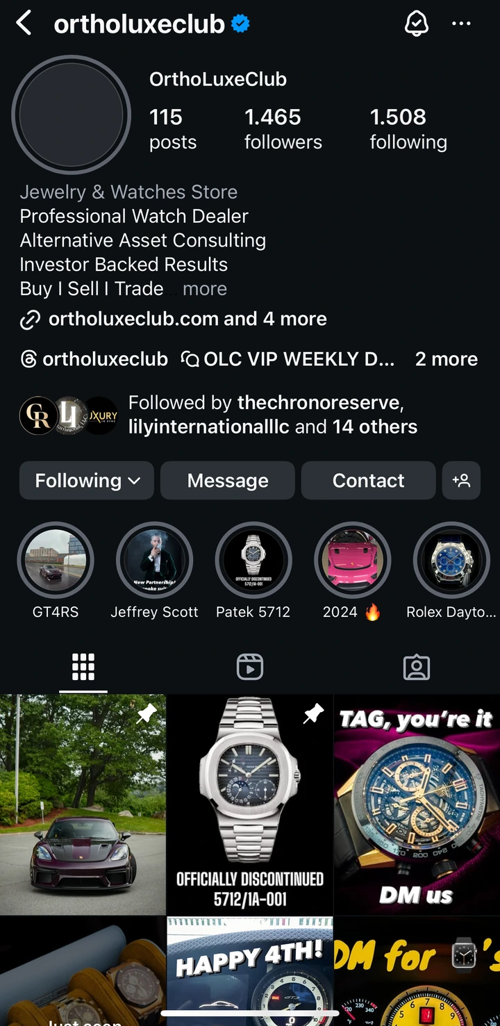 Ortho Luxe Club Instagram profile before, 1,465 followers